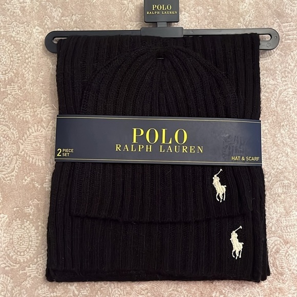 Brand New Polo by Ralph Lauren Black & White 35% Lambswool Hat & Scarf Set - Picture 8 of 11